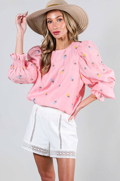 Floral Embroidered Long Puff Organza Blouse Top