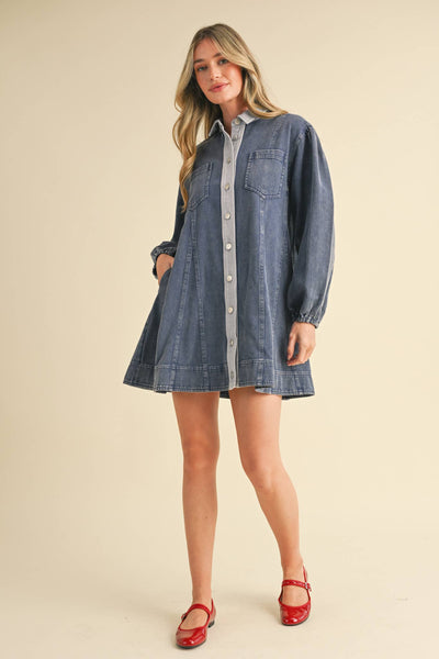 WASHED DENIM BUTTON DOWN FLARED MINI DRESS MDR3385: Indigo