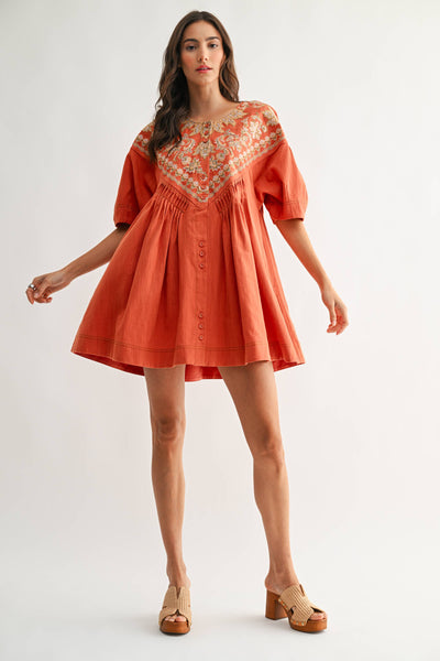 CJD26988 Embroidered Linen Tunic Dress: BURNT ORANGE / S-M-L (3-2-1)