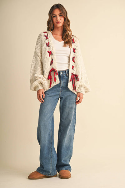TARTAN PATTERN BRAIDED CHUNKY KNIT CARDIGAN: NAVY