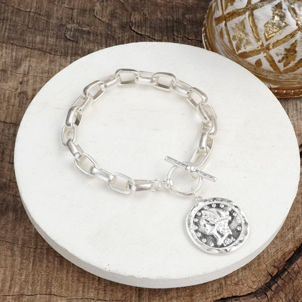 Urban Token – Cable Chain Toggle Bracelet with Coin Charm: Worn Silver Tone