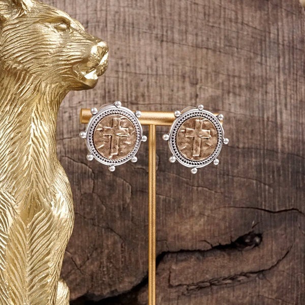 Divine Duo – Two-Tone Cross Coin Stud Earrings: Silver Frame-Gold Coin