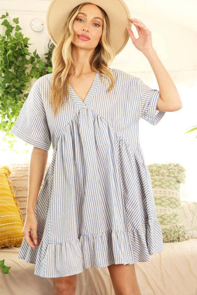 V-Neck Striped 100% Cotton Tiered Woven Dress VD81038: Taupe / M