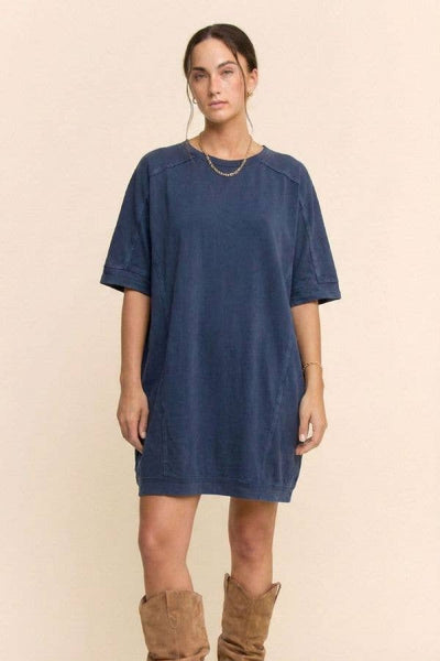 Garment-Dyed Exposed Seam Oversized Tee Dress: Indigo Navy