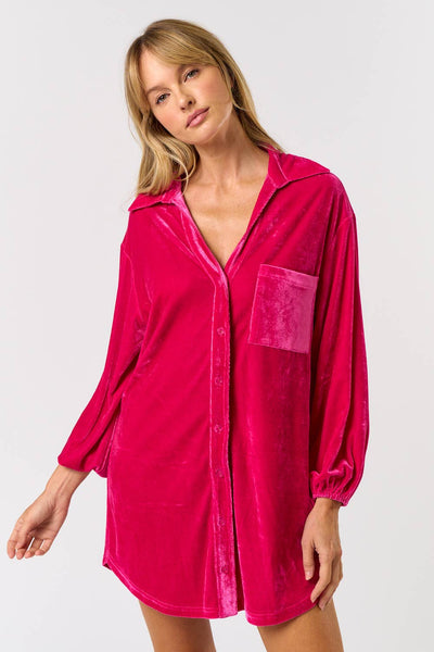 VELVET BUTTON UP COLLARED SHIRTS DRESS: HOT PINK