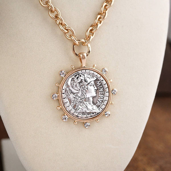 Radiant Relic – Coin Medallion Necklace with Crystal Halo: Gold Tone