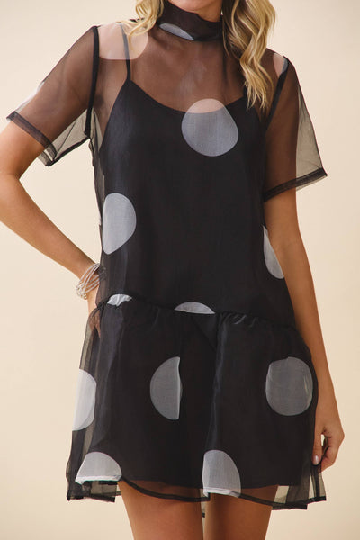 Sheer Polka Dot High Neckline Self Bow Tie Dress: Black