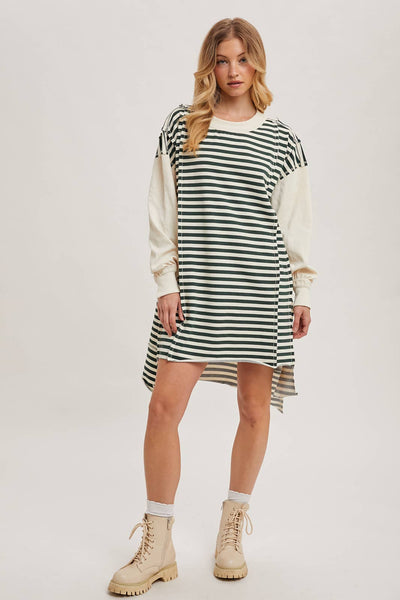 OVERSIZED CONTRAST STRIPE SWEATSHIRT DRESS: HUNTER GREEN
