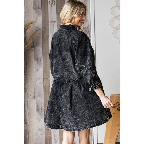 Overfit Button Down Denim Shirt Dress: Black