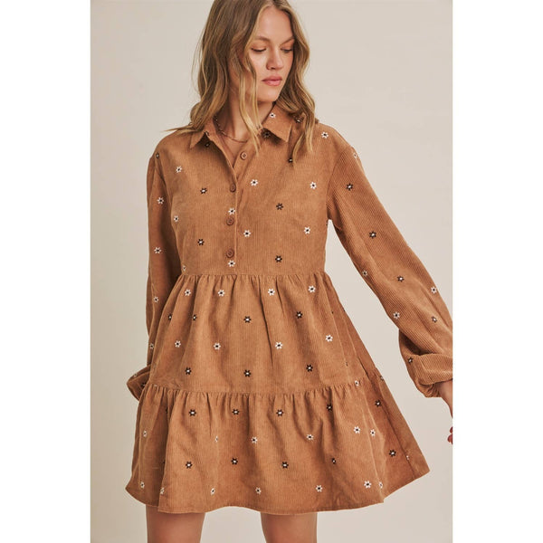 MEADOW MARKET ARTISAN DAISY EMBROIDERED CORDUROY MINI DRESS: OLIVE