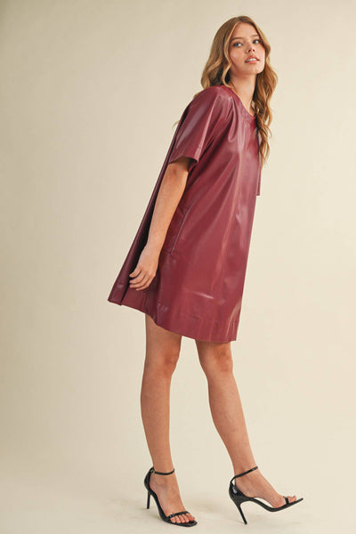 FLARED SHORT SLEEVE SWING MINI DRESS WINE