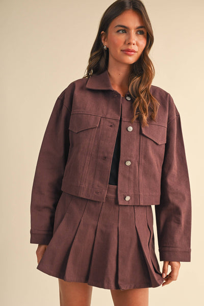 CROPPED TWILL JACKET WITH PLEATED FRONT SKORT SET: RED BEAN