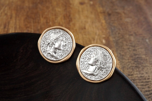 Empire Echo – Coin Stud Statement Earrings: Gold Tone Coin