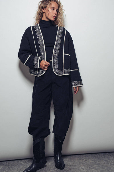 Boho Embroidered Quilted Western Cropped Jacket: BLACK IVORY / S-2/M-2/L-2