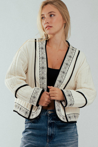 Boho Embroidered Quilted Western Cropped Jacket: BLACK IVORY / S-2/M-2/L-2