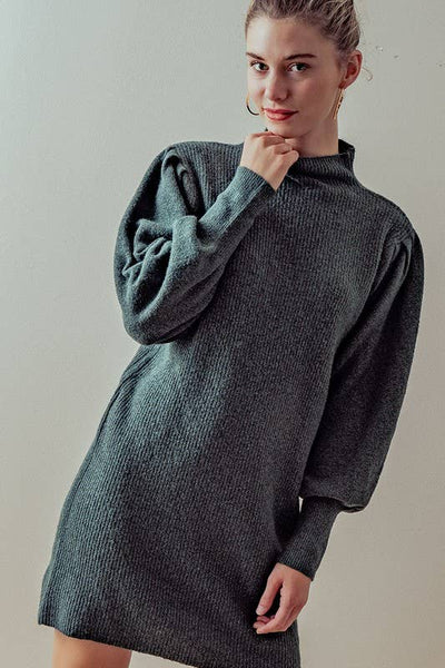 Balloon Sleeve Mock Neck Sweater Dress: HUNTER GREEN / S-2/M-2/L-2