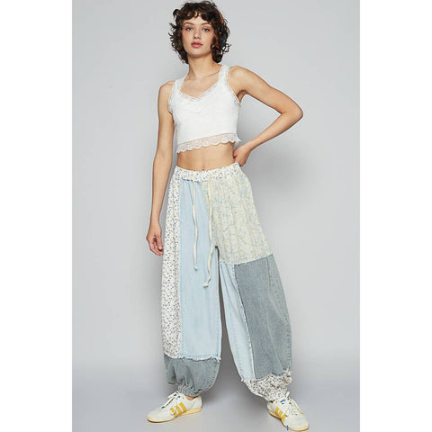 Adjustable waistband contrast patchworks patns: DENIM MULTI / M