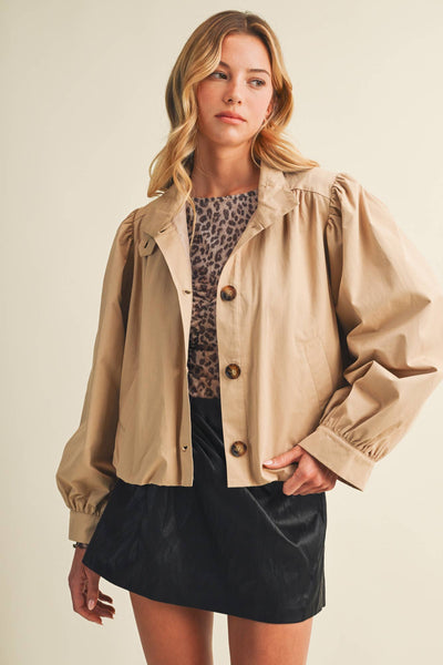 Funnel-Neck Puff-Sleeve Blouson Jacket: DK.BEIGE / S