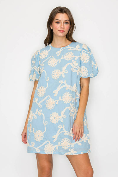 Baby Blue with White Rosette Detail Mini Dress: