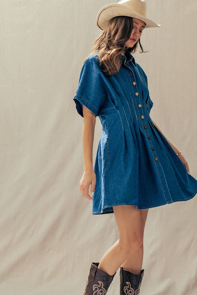Tailored Waist Short Sleeve Denim Shirtdress: DENIM BLUE / S-M-L:2-2-2