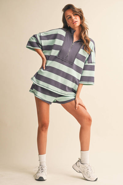 STRIPED HALF ZIP TOP AND SHORTS SET: MINT MULTI