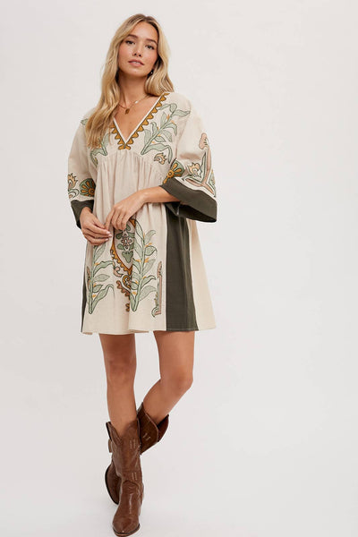 BOHO EMBROIDERED BABYDOLL DRESS: SAGE