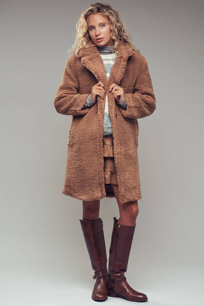 Cozy Longline Notched Lapel Teddy Coat: CAMEL