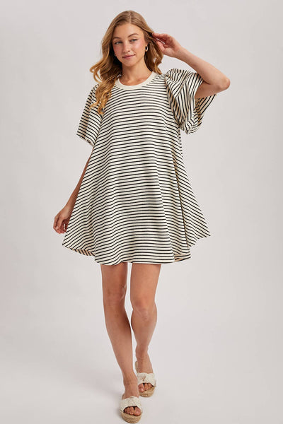 PUFF SLEEVES BILLOWY SILHOUETTE STRIPED DRESS: IVORY