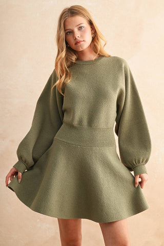 BALLON SLEEVE SWEATER DRESS: OLIVE /