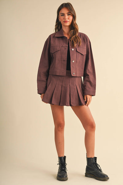CROPPED TWILL JACKET WITH PLEATED FRONT SKORT SET: RED BEAN