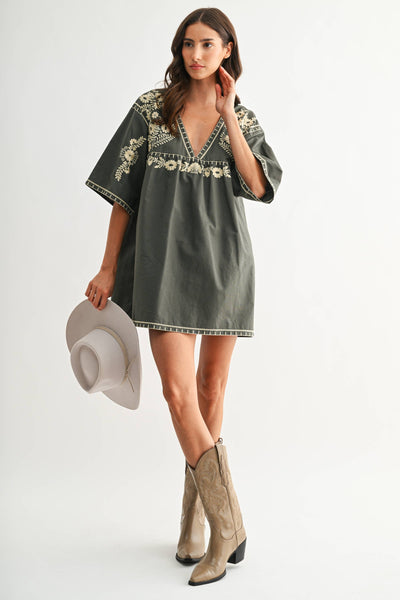 Embroidered Shift Dress with Deep V-Neckline: FOREST GREEN