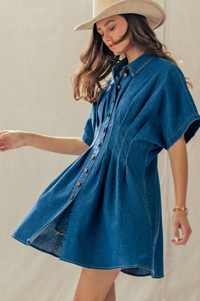Tailored Waist Short Sleeve Denim Shirtdress: DENIM BLUE / S-M-L:2-2-2