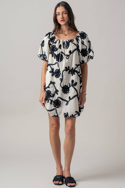 Floral Embroidery Off-Shoulder Puff Sleeve Mini Dres: IVORY / S-2/M-2/L-2