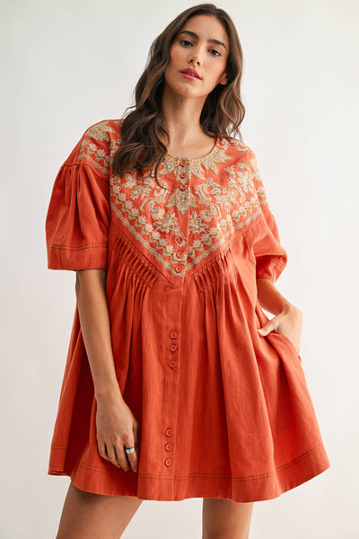 CJD26988 Embroidered Linen Tunic Dress: BURNT ORANGE / S-M-L (3-2-1)