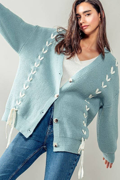 Oversized Heart Pattern Side Lace Up Ribbed Knit Cardigan: BLUE