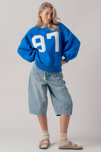 "87" Graphic Balloon Sleeve Oversized Sweatshirt: Blue