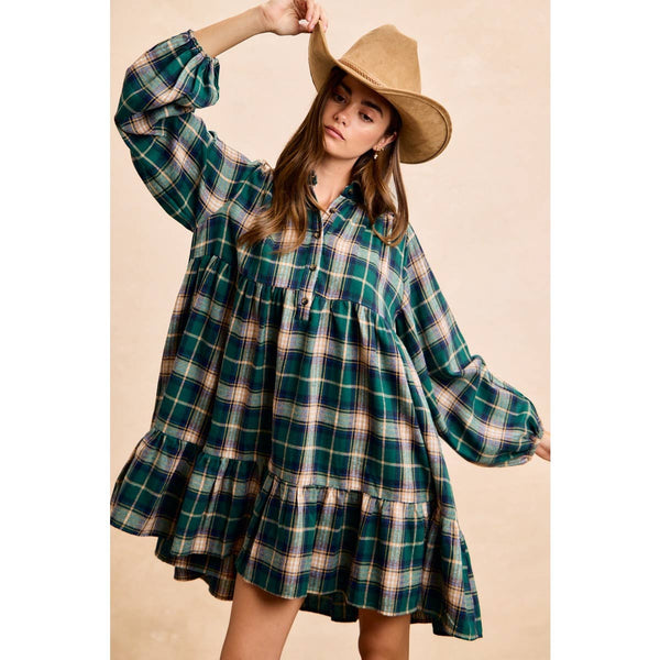 PLAID WOVEN SHRRING BUTTONED TIERED SHIRT DRESS: CAMEL MULTI / XL