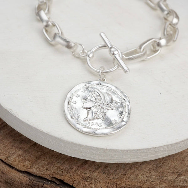 Urban Token – Cable Chain Toggle Bracelet with Coin Charm: Worn Silver Tone