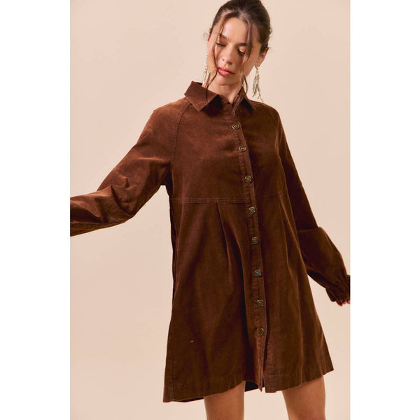 WASHED CORDUROY BUTTON DOWN SHIRT MINI DRESS: BROWN