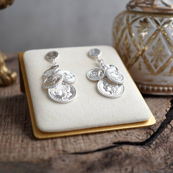 Starlit Relics – Coin Chandelier Statement Earrings: Worn Silver Tone