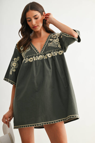 Embroidered Shift Dress with Deep V-Neckline: FOREST GREEN