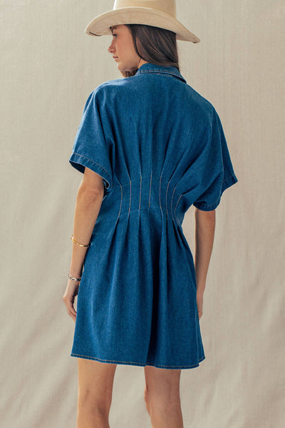 Tailored Waist Short Sleeve Denim Shirtdress: DENIM BLUE / S-M-L:2-2-2