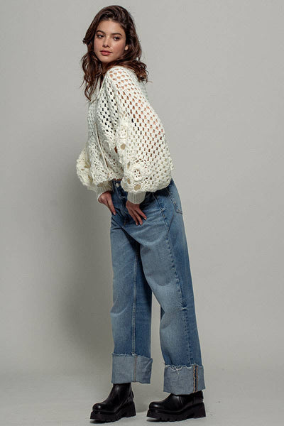 Open Interlaced Floral Long Sleeve Sweater