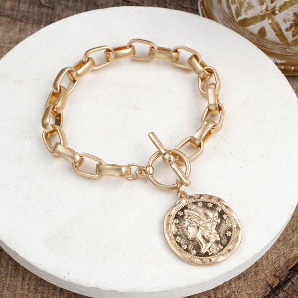 Urban Token – Cable Chain Toggle Bracelet with Coin Charm: Worn Silver Tone