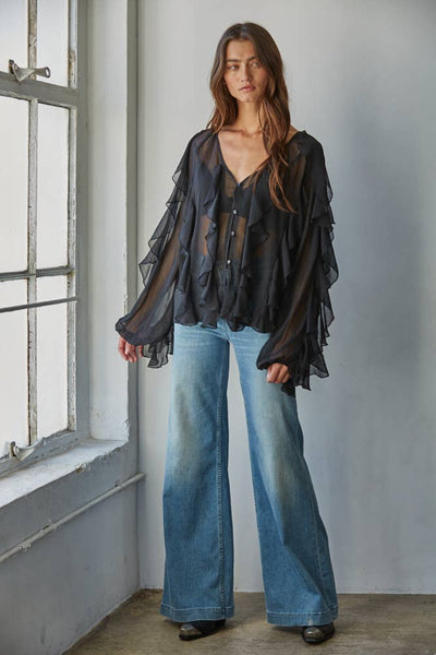Woven Polyester Ruffled V-Neck Button Down Top: Black