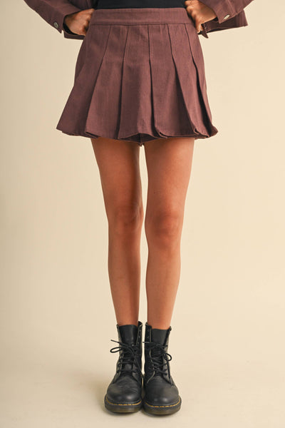 CROPPED TWILL JACKET WITH PLEATED FRONT SKORT SET: RED BEAN
