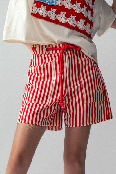Striped High-Rise Denim Shorts: RED