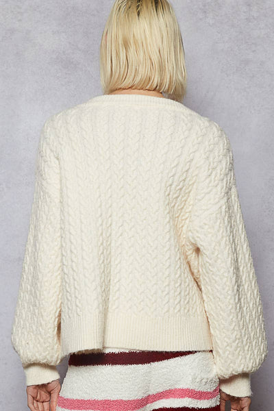 Long sleeve V-neck solid cable knit women sweater top: POWDER CREAM