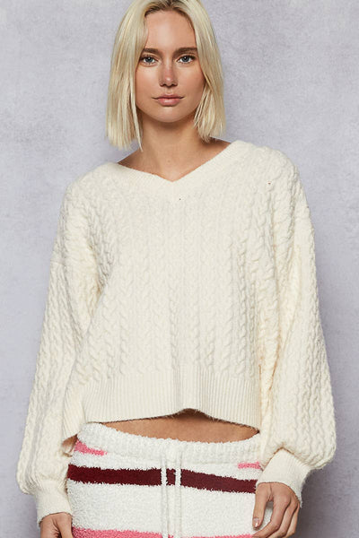 Long sleeve V-neck solid cable knit women sweater top: POWDER CREAM