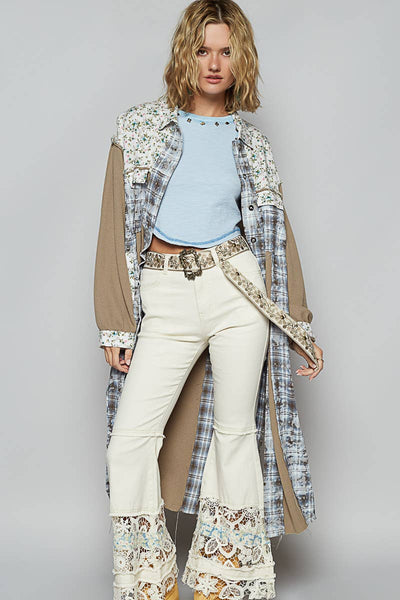 Balloon sleeve plaid floral contrast long placket jacket: OLIVE MULTI